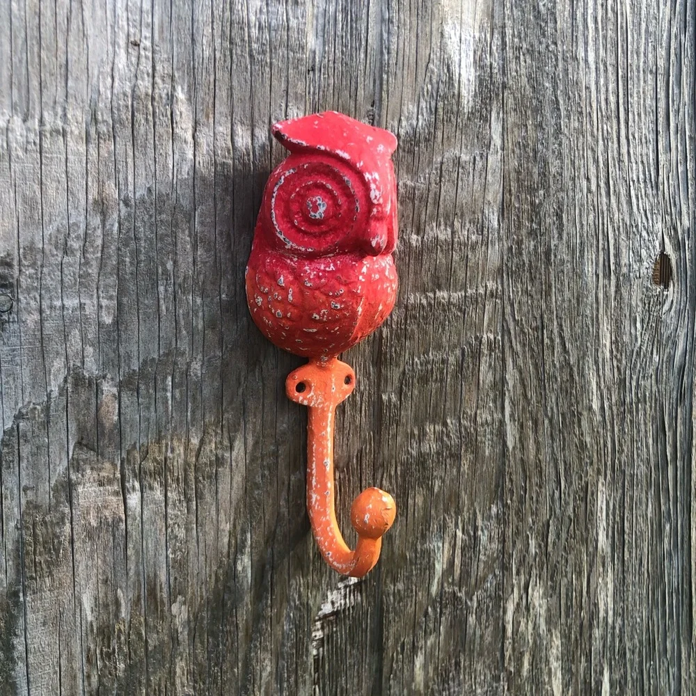 Upcycled Red and Orange Cast Iron Owl Hook